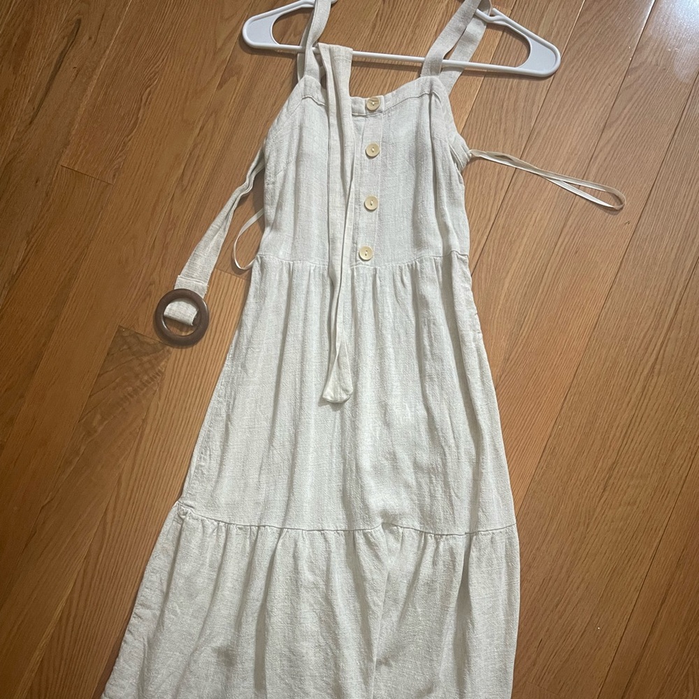 Tan linen blend dress with belt